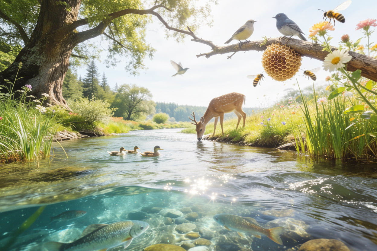 Nature scene with a stream, deer, ducks, and birds.